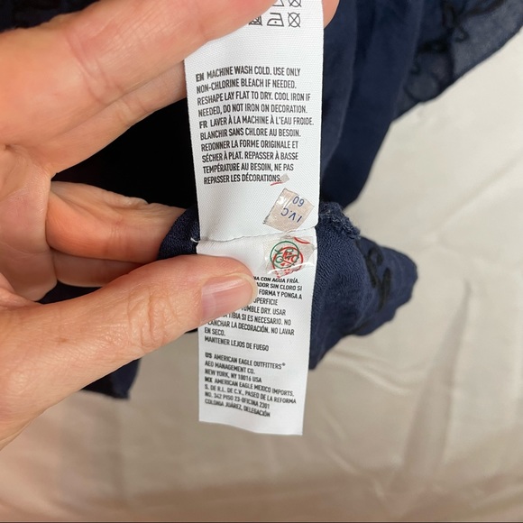 American Eagle Navy & Black Embroidery Detail BOHO Pheasant Blouse - Picture 4 of 7